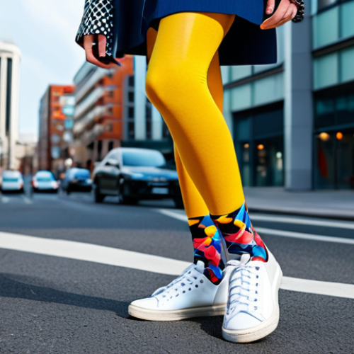 A stylish young adult, confidently showcasing modern casual socks with vibrant, abstract art patterns and bold geometric designs. The individual is dressed in modest, contemporary street fashion, with the intricately designed socks being a prominent and artistic focal point, complementing a chic, urban outfit. The setting is a bright, dynamic city street with modern architecture in the background, captured during daylight. Professional fashion photography, high resolution, sharp focus, vibrant colors, professional lighting, perfect anatomy, correct proportions, natural pose, well-formed hands, proper finger count, natural body proportions, safe for work, appropriate content, fully clothed, professional.