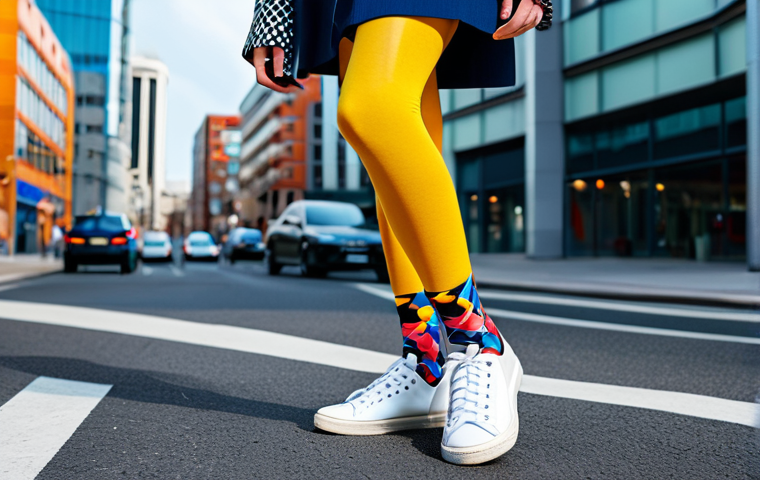 A stylish young adult, confidently showcasing modern casual socks with vibrant, abstract art patterns and bold geometric designs. The individual is dressed in modest, contemporary street fashion, with the intricately designed socks being a prominent and artistic focal point, complementing a chic, urban outfit. The setting is a bright, dynamic city street with modern architecture in the background, captured during daylight. Professional fashion photography, high resolution, sharp focus, vibrant colors, professional lighting, perfect anatomy, correct proportions, natural pose, well-formed hands, proper finger count, natural body proportions, safe for work, appropriate content, fully clothed, professional.