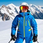 A professional young adult skier, wearing a high-performance, fully insulated and waterproof ski suit in vibrant colors, with specialized ski gloves featuring thick insulation, a Gore-Tex membrane, and extended cuffs, standing confidently on a snow-covered mountain slope. The background showcases majestic snow-capped peaks under a clear blue sky. Professional outdoor photography, dynamic composition, sharp focus, detailed textures of snow and fabric, realistic lighting. safe for work, appropriate content, fully clothed, professional dress, perfect anatomy, correct proportions, natural pose, well-formed hands, proper finger count, natural body proportions, family-friendly.