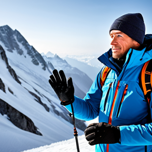 A professional male adventurer, fully clothed in high-performance winter mountaineering attire, stands confidently in a majestic snow-covered mountain landscape. He is wearing advanced, insulated gloves, designed for extreme cold, with subtle details suggesting integrated technology or superior grip. His posture is natural, looking towards the vast snowy peaks, showcasing determination and preparation. The scene is illuminated by crisp natural light, emphasizing the textures of the snow and his technical gear. Perfect anatomy, correct proportions, natural pose, well-formed hands, proper finger count. Professional photography, high-quality, detailed, safe for work, appropriate content, modest clothing, family-friendly.