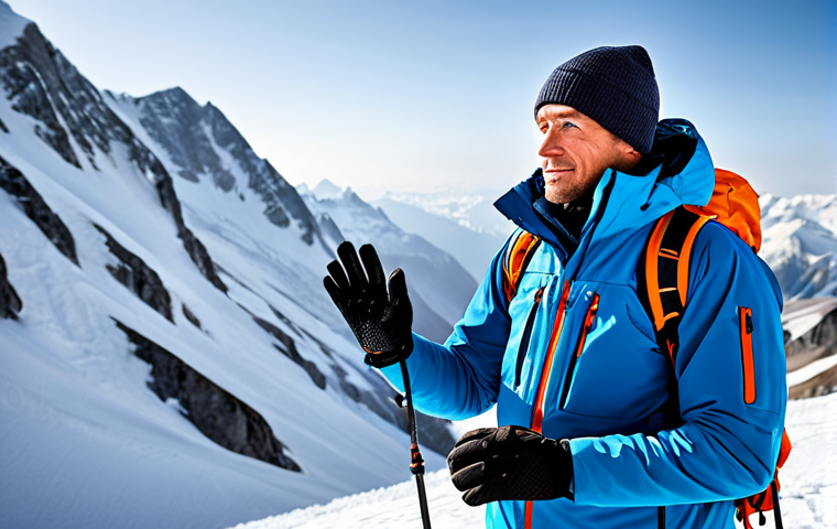 A professional male adventurer, fully clothed in high-performance winter mountaineering attire, stands confidently in a majestic snow-covered mountain landscape. He is wearing advanced, insulated gloves, designed for extreme cold, with subtle details suggesting integrated technology or superior grip. His posture is natural, looking towards the vast snowy peaks, showcasing determination and preparation. The scene is illuminated by crisp natural light, emphasizing the textures of the snow and his technical gear. Perfect anatomy, correct proportions, natural pose, well-formed hands, proper finger count. Professional photography, high-quality, detailed, safe for work, appropriate content, modest clothing, family-friendly.