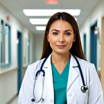 **

A confident female doctor in a clean, modern hospital office. She is wearing a professional white coat and modest medical scrubs, fully clothed and safe for work. Perfect anatomy, correct proportions, natural pose. The background includes medical equipment and a blurred view of the hospital hallway. High quality, professional photography, appropriate content, family-friendly.

**