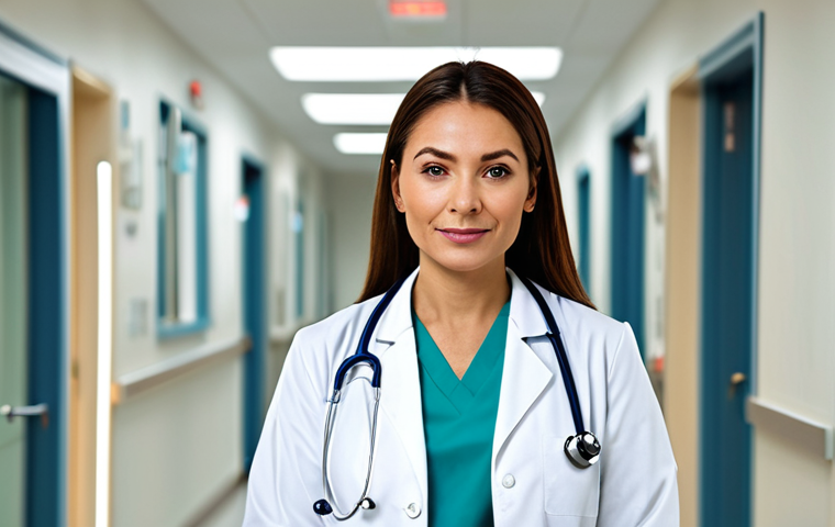 **

A confident female doctor in a clean, modern hospital office. She is wearing a professional white coat and modest medical scrubs, fully clothed and safe for work. Perfect anatomy, correct proportions, natural pose. The background includes medical equipment and a blurred view of the hospital hallway. High quality, professional photography, appropriate content, family-friendly.

**