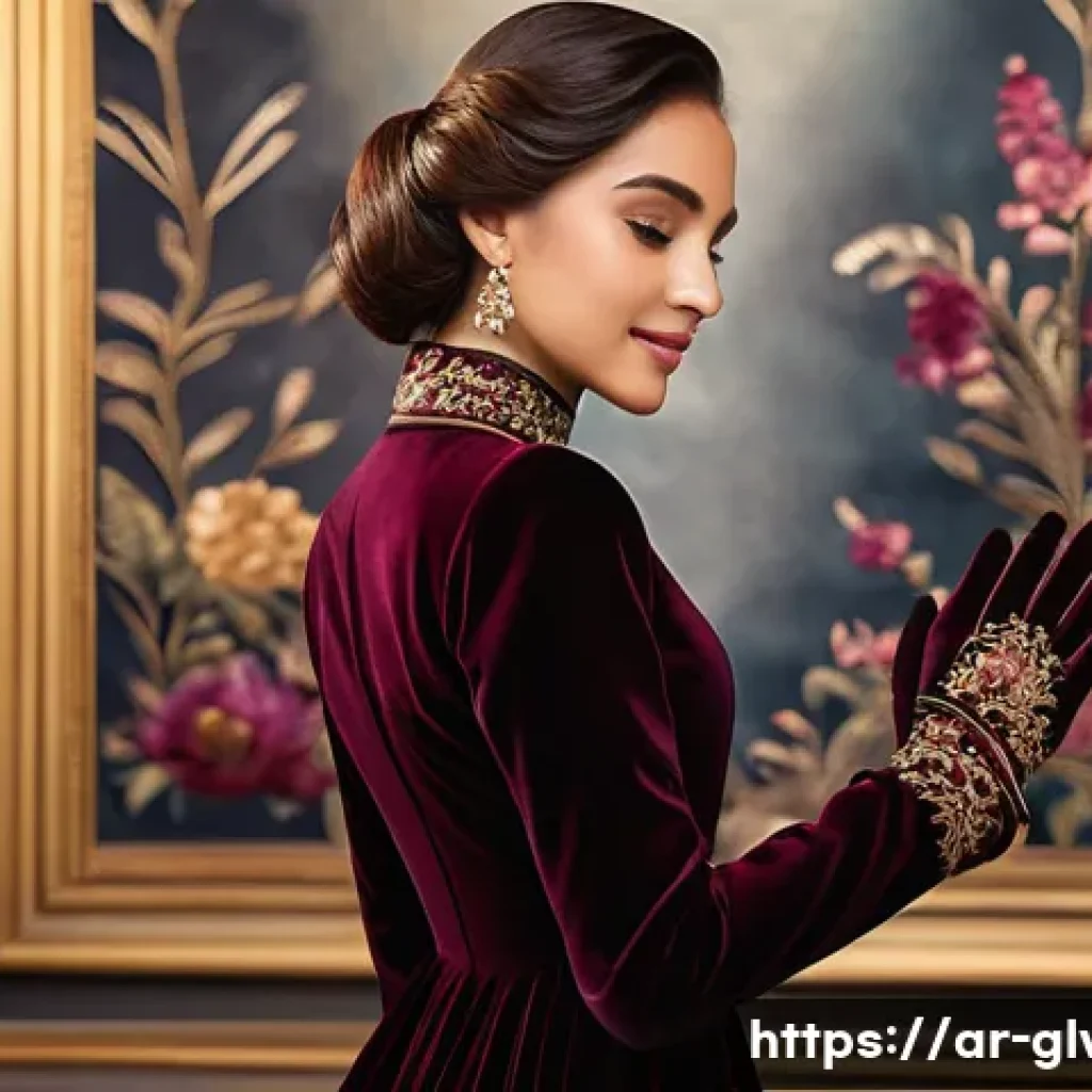 커스텀 장갑 제작 트렌드 - A sophisticated young Arab woman, dressed in a fashionable, modest long-sleeved dress, elegantly sho...