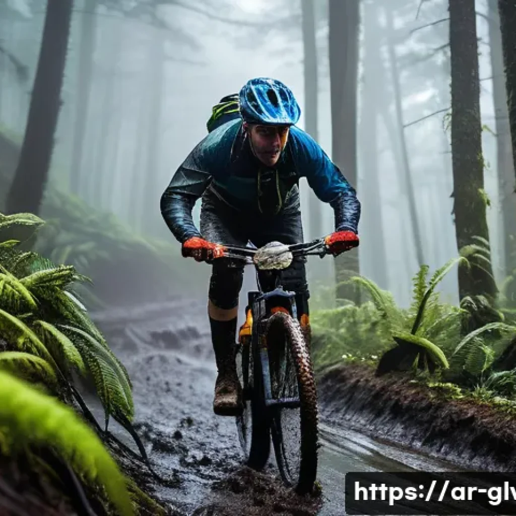산악 바이크 장갑 방수성 비교 - **Prompt:** A dynamic, wide-angle shot of a male mountain biker, mid-action, navigating a challengin...