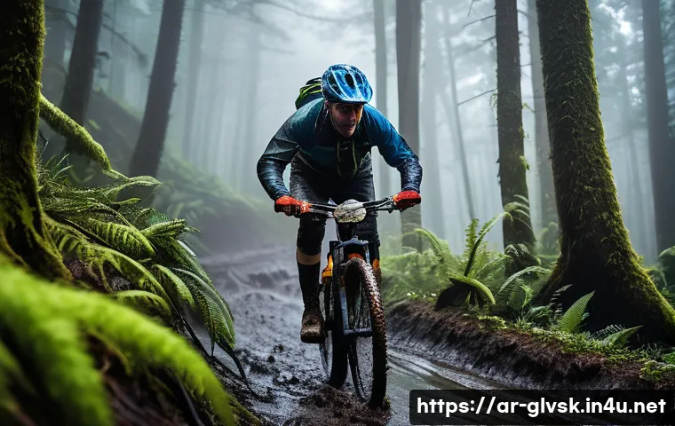 산악 바이크 장갑 방수성 비교 - **Prompt:** A dynamic, wide-angle shot of a male mountain biker, mid-action, navigating a challengin...