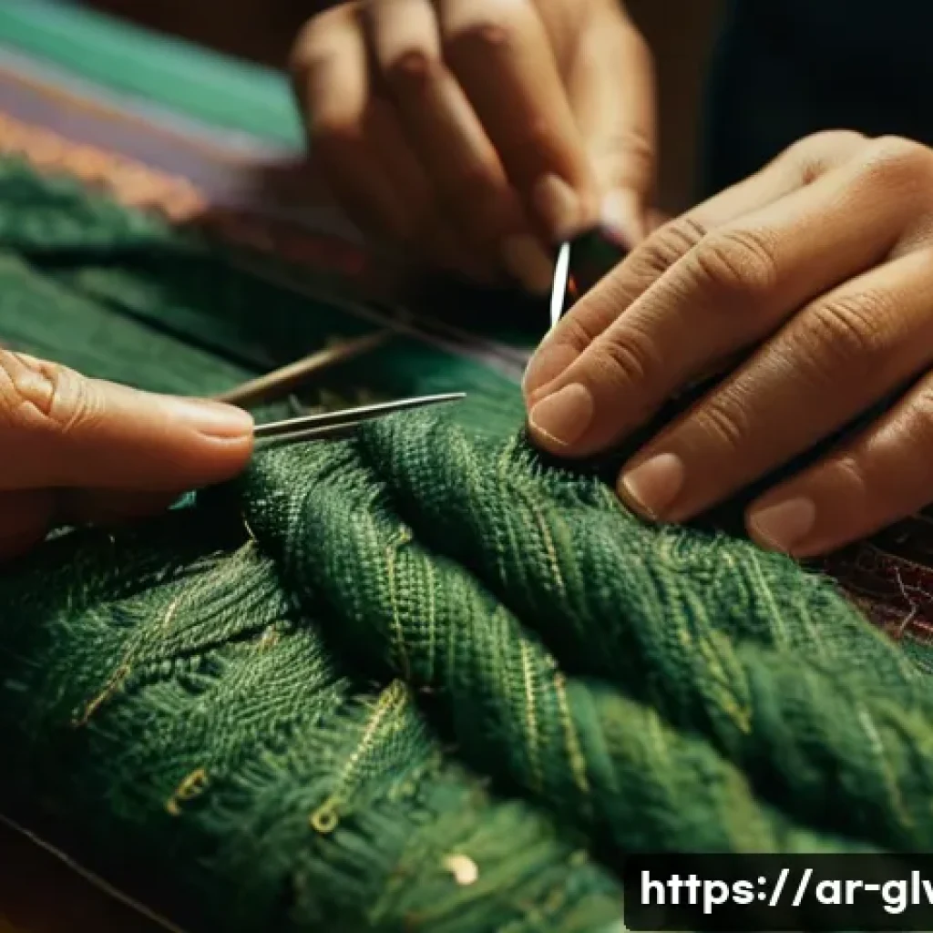 장갑 DIY 수선 방법 - A detailed close-up scene of an artisan’s hands repairing a woolen glove using fine matching threads...