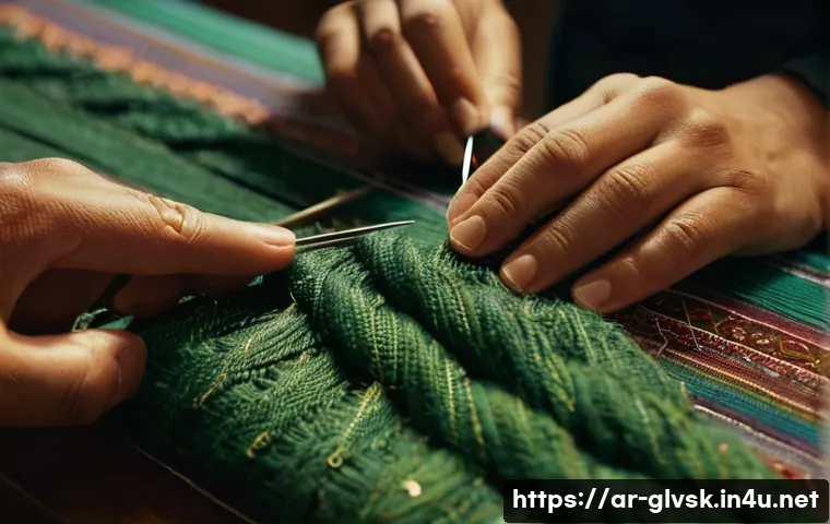 장갑 DIY 수선 방법 - A detailed close-up scene of an artisan’s hands repairing a woolen glove using fine matching threads...
