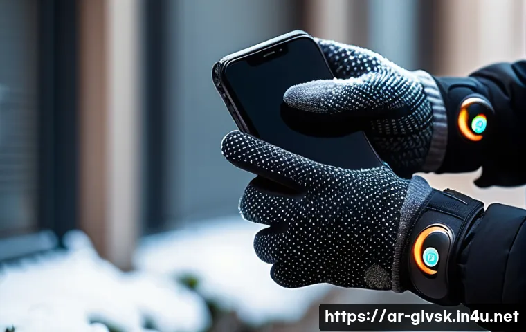 내장 발열 패드 장갑 리뷰 - A close-up scene showing a pair of high-tech heated gloves worn by an adult in a cold outdoor Arabia...