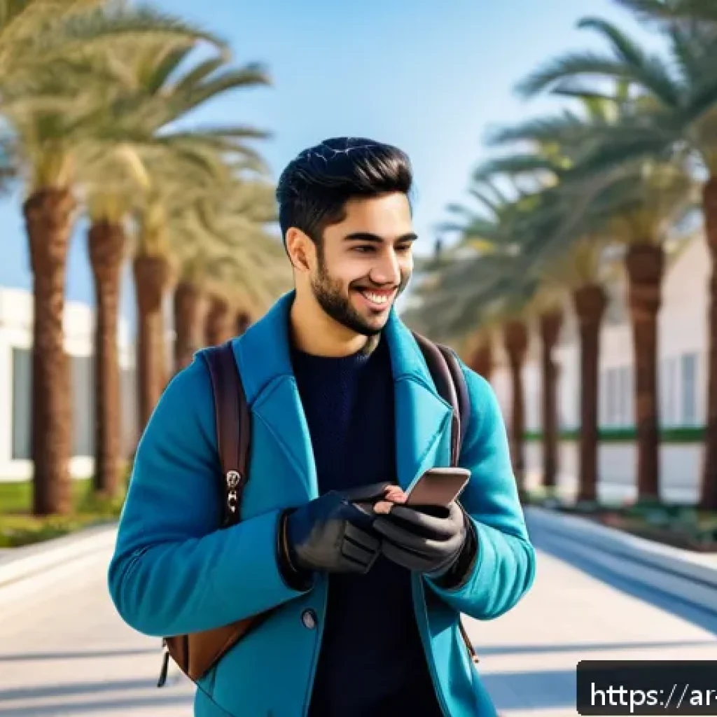 학생들에게 인기 있는 방한 장갑 - A stylish young Arab university student walking between outdoor campus buildings on a cold winter da...