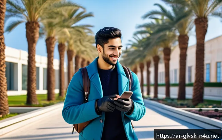 학생들에게 인기 있는 방한 장갑 - A stylish young Arab university student walking between outdoor campus buildings on a cold winter da...
