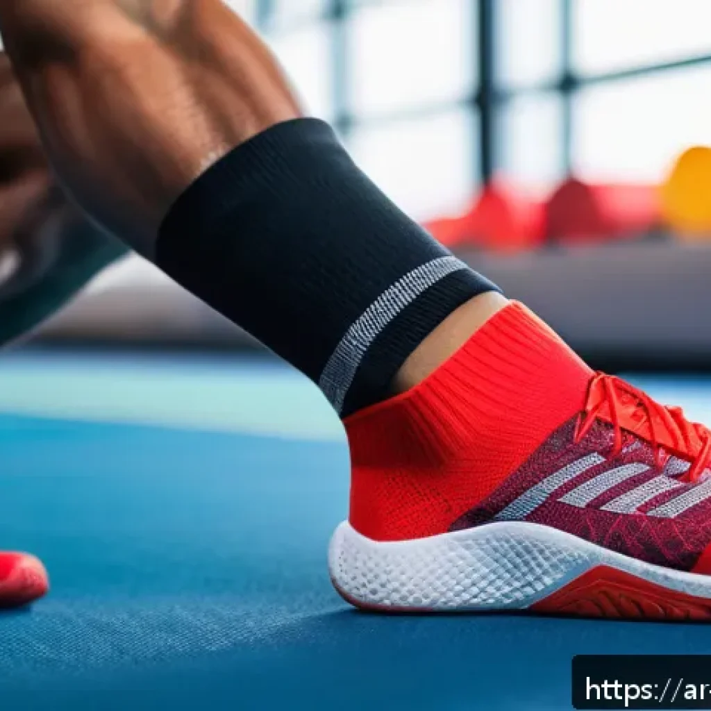 레깅스와 어울리는 스포츠 양말 - A detailed close-up of athletic socks designed for ankle and foot support during exercise, featuring...