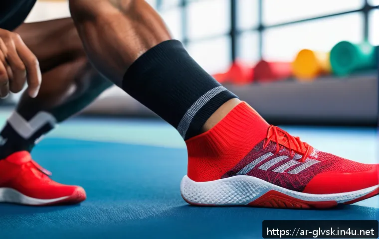 레깅스와 어울리는 스포츠 양말 - A detailed close-up of athletic socks designed for ankle and foot support during exercise, featuring...
