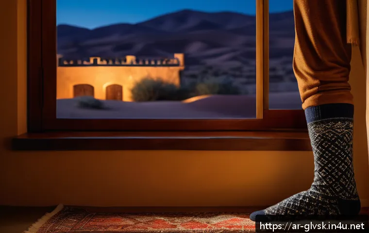 편안한 숙면을 위한 수면 양말 - A cozy bedroom scene at night in a traditional Middle Eastern home, featuring an adult wearing soft,...