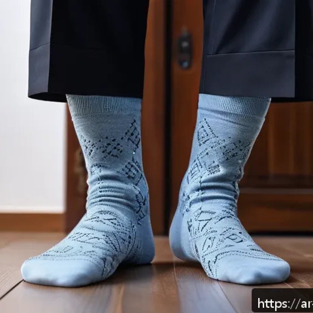 정전기 방지 양말과 효과 - A close-up, hyper-realistic image of a pair of socks made from natural cotton fibers interwoven with...