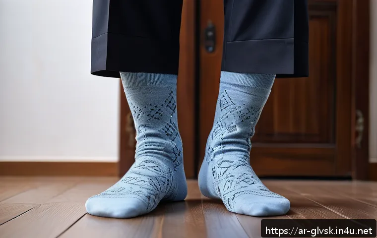 정전기 방지 양말과 효과 - A close-up, hyper-realistic image of a pair of socks made from natural cotton fibers interwoven with...