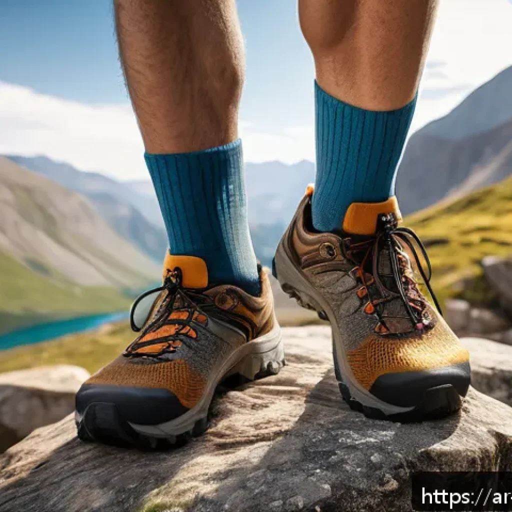 트레킹 전용 양말 추천 - A detailed close-up shot of a pair of trekking socks designed for long hikes, featuring a blend of s...
