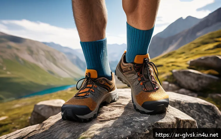 트레킹 전용 양말 추천 - A detailed close-up shot of a pair of trekking socks designed for long hikes, featuring a blend of s...