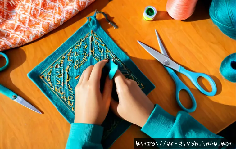 양말 패턴 DIY 만드는 법 - Photorealistic overhead view of an Arab woman’s hands crafting a colorful geometric sock pattern, ar...
