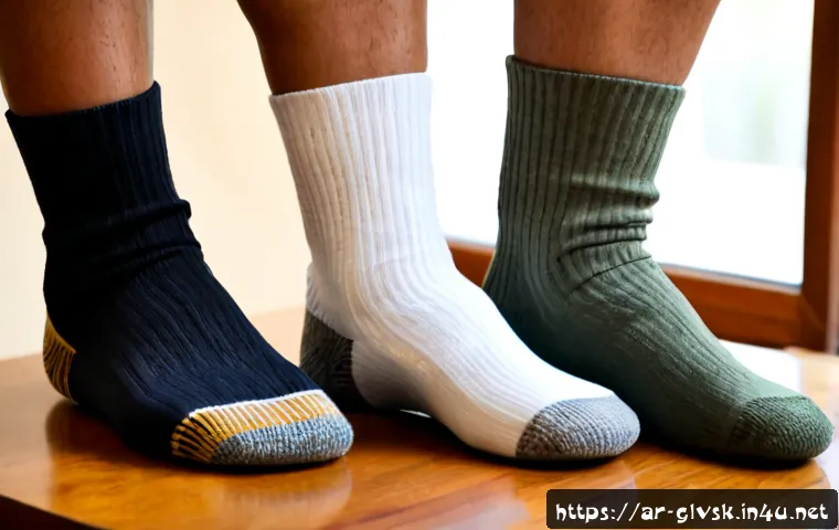 브랜드별 등산 양말 품질 비교 - Photorealistic product comparison scene of three pairs of unbranded hiking socks arranged side by si...